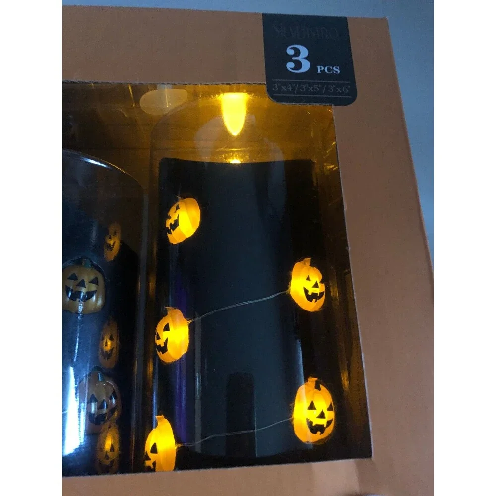 Halloween Flameless Candles Set of 3 Real Wax Remote Blinks Pumpkins Black